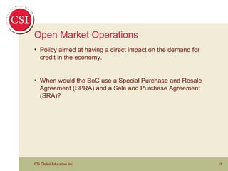Open Market Operations Policy aimed at having a direct impact on the demand for credit in the economy.  When would the BoC use a Special Purchase and Resale Agreement (SPRA) and a Sale and Purchase Agreement (SRA)? 