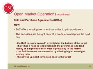 Open Market Operations  (continued) Sale and Purchase Agreements (SRAs) How: BoC offers to sell government securities to primary dealers  The securities are bought back at a predetermined price the next day - the BoC borrows from a FI overnight at the bottom of the target - if a FI has a need to lend overnight, the preference is to lend  money at a higher rate than what is prevailing in the market  -  the BoC becomes an alternative by offering higher overnight  lending rates  -  this drives up short-term rates back to the target 