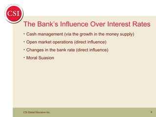 The Bank’s Influence Over Interest Rates Cash management (via the growth in the money supply) Open market operations (direct influence) Changes in the bank rate (direct influence) Moral Suasion 
