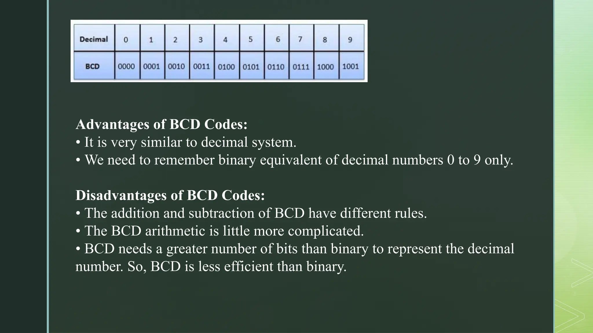 z
Advantages of BCD Codes:
• It is very similar to decimal system.
• We need to remember binary equivalent of decimal numbers 0 to 9 only.
Disadvantages of BCD Codes:
• The addition and subtraction of BCD have different rules.
• The BCD arithmetic is little more complicated.
• BCD needs a greater number of bits than binary to represent the decimal
number. So, BCD is less efficient than binary.
 