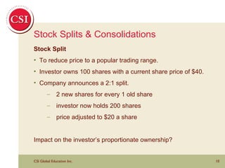 Stock Splits & Consolidations Stock Split To reduce price to a popular trading range. Investor owns 100 shares with a current share price of $40.  Company announces a 2:1 split. 2 new shares for every 1 old share investor now holds 200 shares price adjusted to $20 a share Impact on the investor’s proportionate ownership? 