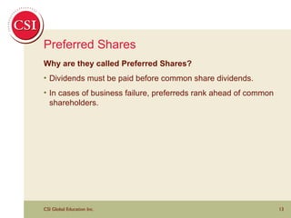 Preferred Shares Why are they called Preferred Shares? Dividends must be paid before common share dividends. In cases of business failure, preferreds rank ahead of common shareholders. 