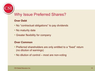 Why Issue Preferred Shares? Over Debt No “contractual obligations” to pay dividends No maturity date Greater flexibility for company Over Common Preferred shareholders are only entitled to a “fixed” return (no dilution of earnings) No dilution of control – most are non-voting 
