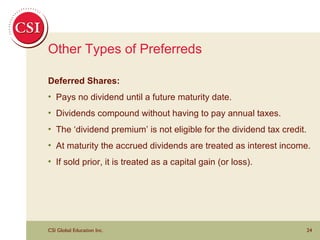 Other Types of Preferreds Deferred Shares: Pays no dividend until a future maturity date.  Dividends compound without having to pay annual taxes.  The ‘dividend premium’ is not eligible for the dividend tax credit. At maturity the accrued dividends are treated as interest income.  If sold prior, it is treated as a capital gain (or loss). 
