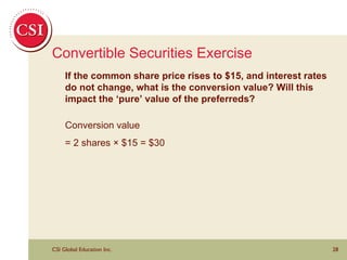 Convertible Securities Exercise If the common share price rises to $15, and interest rates do not change, what is the conversion value? Will this impact the ‘pure’ value of the preferreds? Conversion value  = 2 shares × $15 = $30  