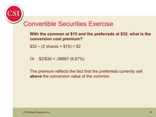 Convertible Securities Exercise With the common at $15 and the preferreds at $32, what is the conversion cost premium?  $32 – (2 shares × $15) = $2  Or  $2/$30 = .06667 (6.67%)  The premium reflects the fact that the preferreds currently sell  above  the conversion value of the common.  
