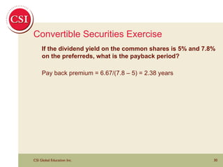 Convertible Securities Exercise If the dividend yield on the common shares is 5% and 7.8% on the preferreds, what is the payback period? Pay back premium = 6.67/(7.8 – 5) = 2.38 years 