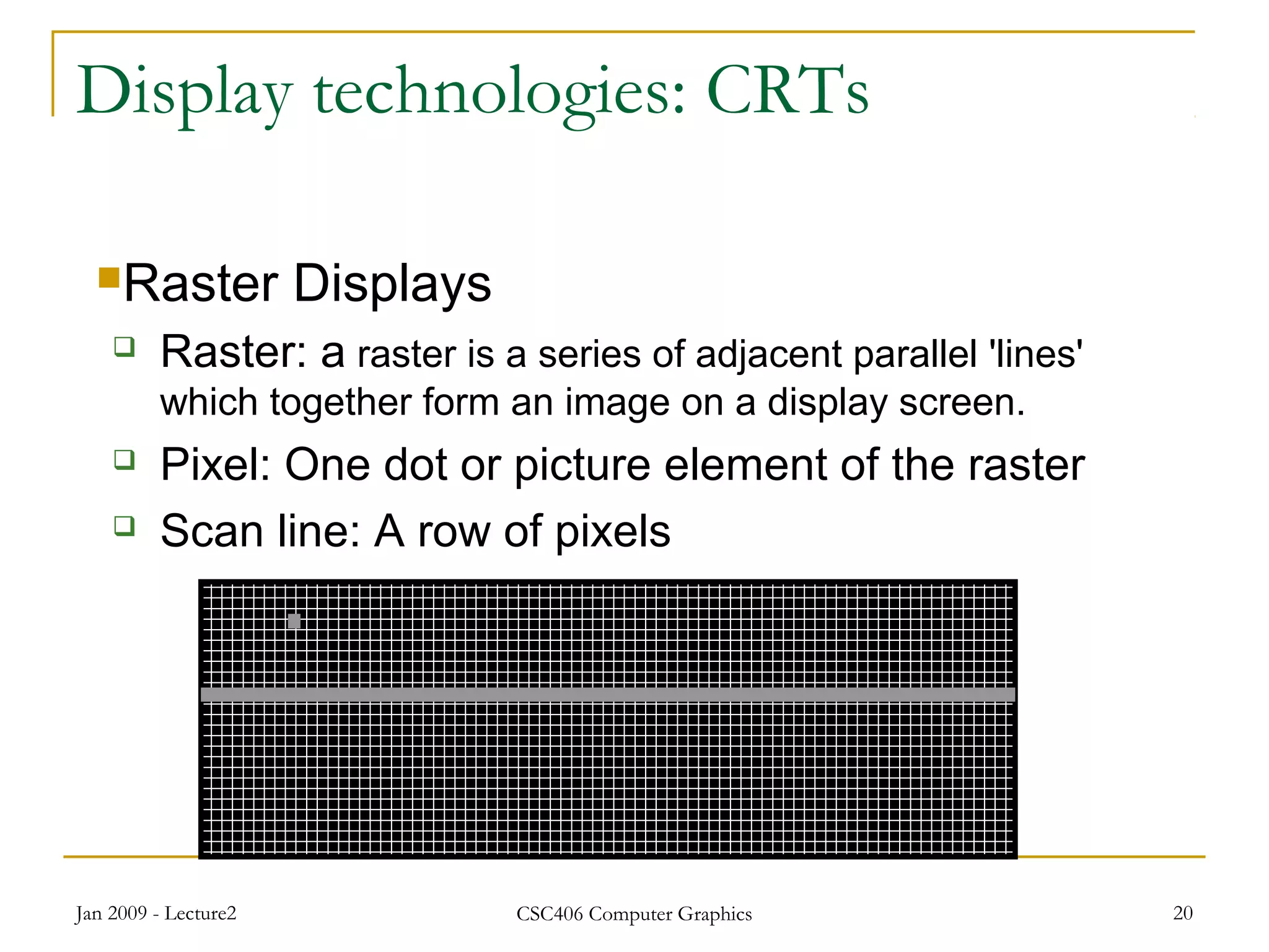 Jan 2009 - Lecture2 CSC406 Computer Graphics 20
Display technologies: CRTs
Raster Displays
 Raster: a raster is a series of adjacent parallel 'lines'
which together form an image on a display screen.
 Pixel: One dot or picture element of the raster
 Scan line: A row of pixels
 