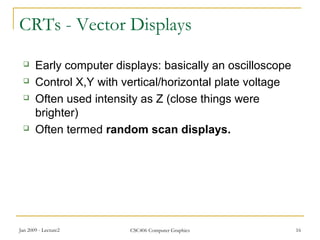 Jan 2009 - Lecture2 CSC406 Computer Graphics 16
CRTs - Vector Displays
 Early computer displays: basically an oscilloscope
 Control X,Y with vertical/horizontal plate voltage
 Often used intensity as Z (close things were
brighter)
 Often termed random scan displays.
 