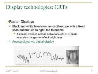 Jan 2009 - Lecture2 CSC406 Computer Graphics 21
Display technologies: CRTs
Raster Displays
 Black and white television: an oscilloscope with a fixed
scan pattern: left to right, top to bottom
 As beam sweeps across entire face of CRT, beam
intensity changes to reflect brightness
 Analog signal vs. digital display
 