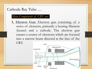 Cathode Ray Tube …
Main Components of CRT are:
1. Electron Gun: Electron gun consisting of a
series of elements, primarily a heating filament
(heater) and a cathode. The electron gun
creates a source of electrons which are focused
into a narrow beam directed at the face of the
CRT.
 
