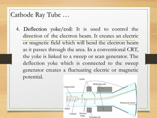 Cathode Ray Tube …
4. Deflection yoke/coil: It is used to control the
direction of the electron beam. It creates an electric
or magnetic field which will bend the electron beam
as it passes through the area. In a conventional CRT,
the yoke is linked to a sweep or scan generator. The
deflection yoke which is connected to the sweep
generator creates a fluctuating electric or magnetic
potential.
 