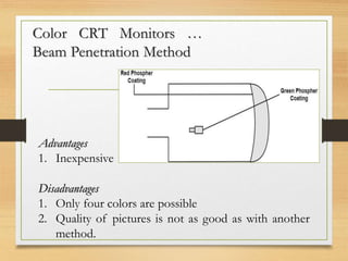 Color CRT Monitors …
Beam Penetration Method
Advantages
1. Inexpensive
Disadvantages
1. Only four colors are possible
2. Quality of pictures is not as good as with another
method.
 