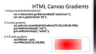  Using createRadialGradient():
var c=document.getElementById("myCanvas");
var ctx=c.getContext("2d");
// Create gradient
var grd=ctx.createRadialGradient(75,50,5,90,60,100);
grd.addColorStop(0,"red");
grd.addColorStop(1,"white");
// Fill with gradient
ctx.fillStyle = grd;
ctx.fillRect(10,10,150,80);
 