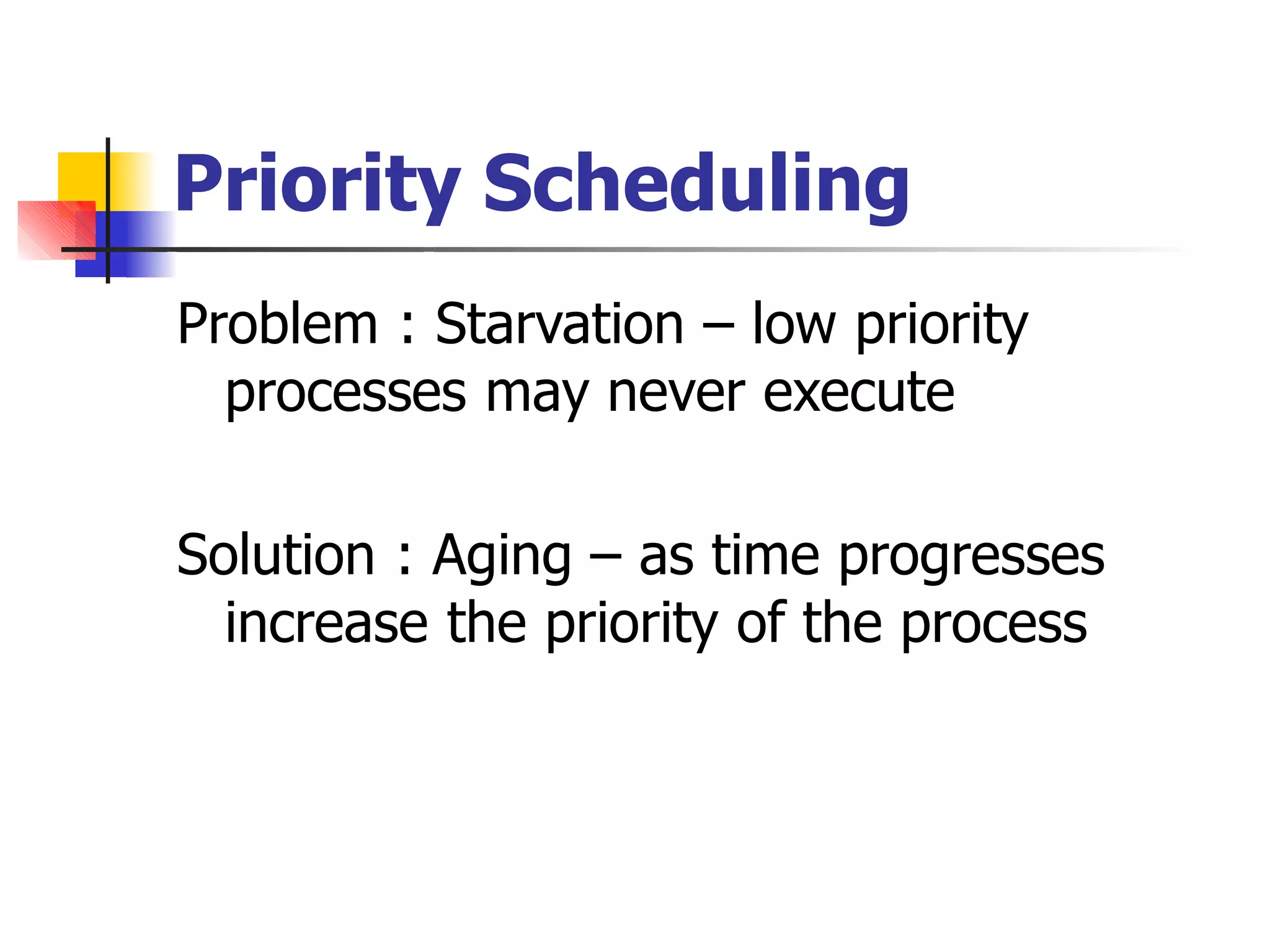 Priority Scheduling
Problem : Starvation – low priority
processes may never execute
Solution : Aging – as time progresses
increase the priority of the process
 