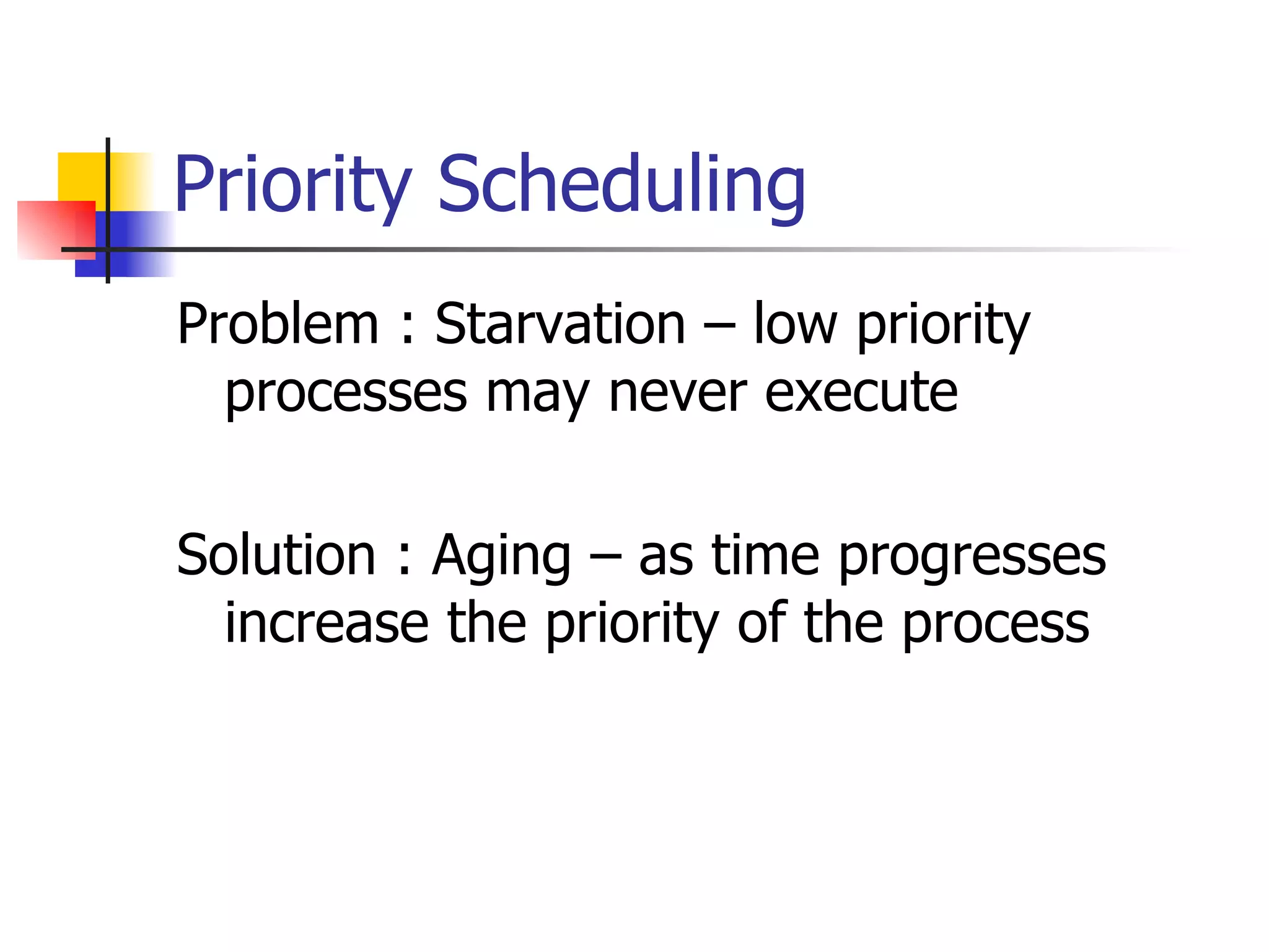 Priority Scheduling Problem : Starvation – low priority processes may never execute Solution : Aging – as time progresses increase the priority of the process 
