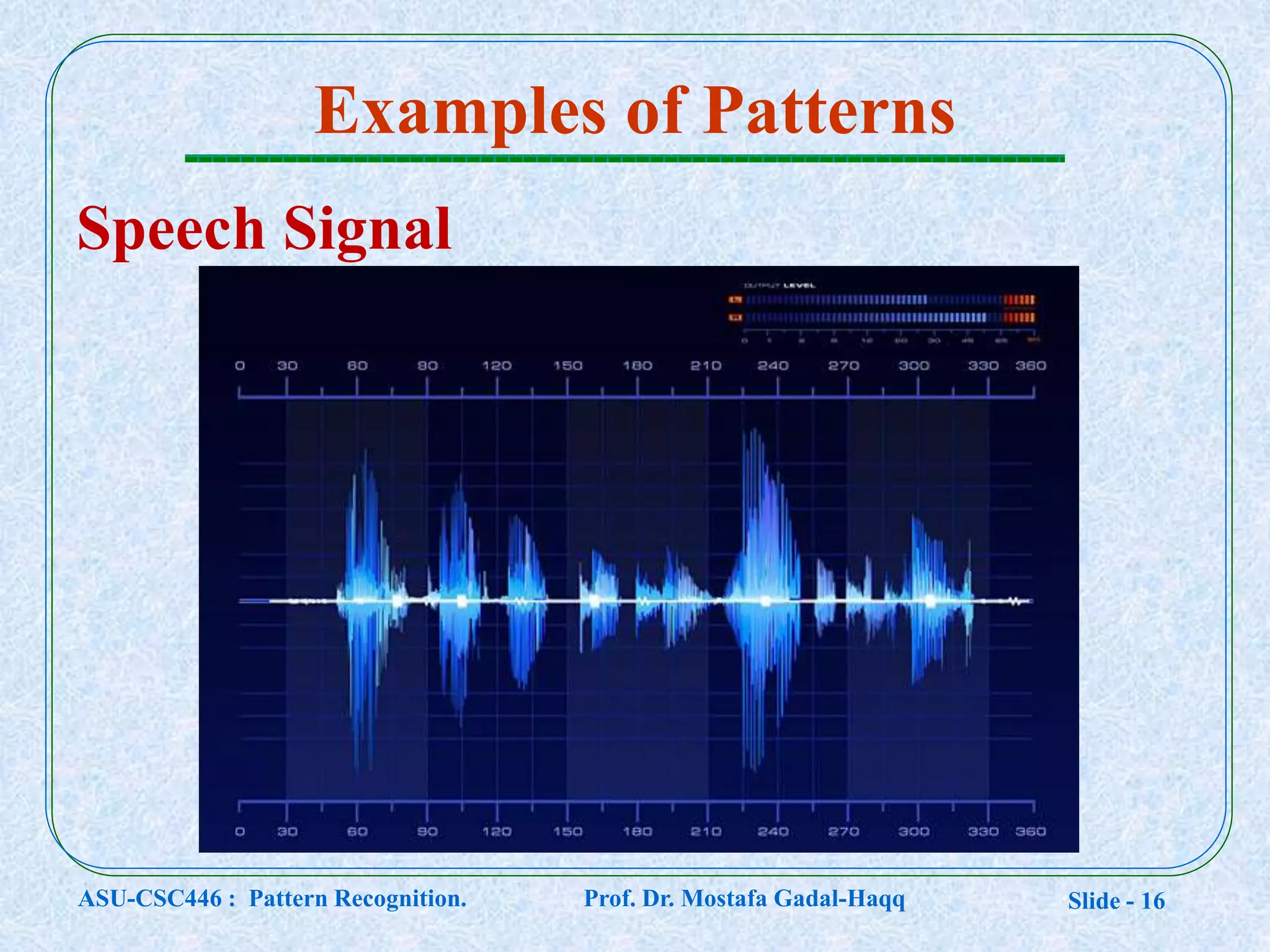 Slide - 16
Examples of Patterns
Speech Signal
ASU-CSC446 : Pattern Recognition. Prof. Dr. Mostafa Gadal-Haqq
 