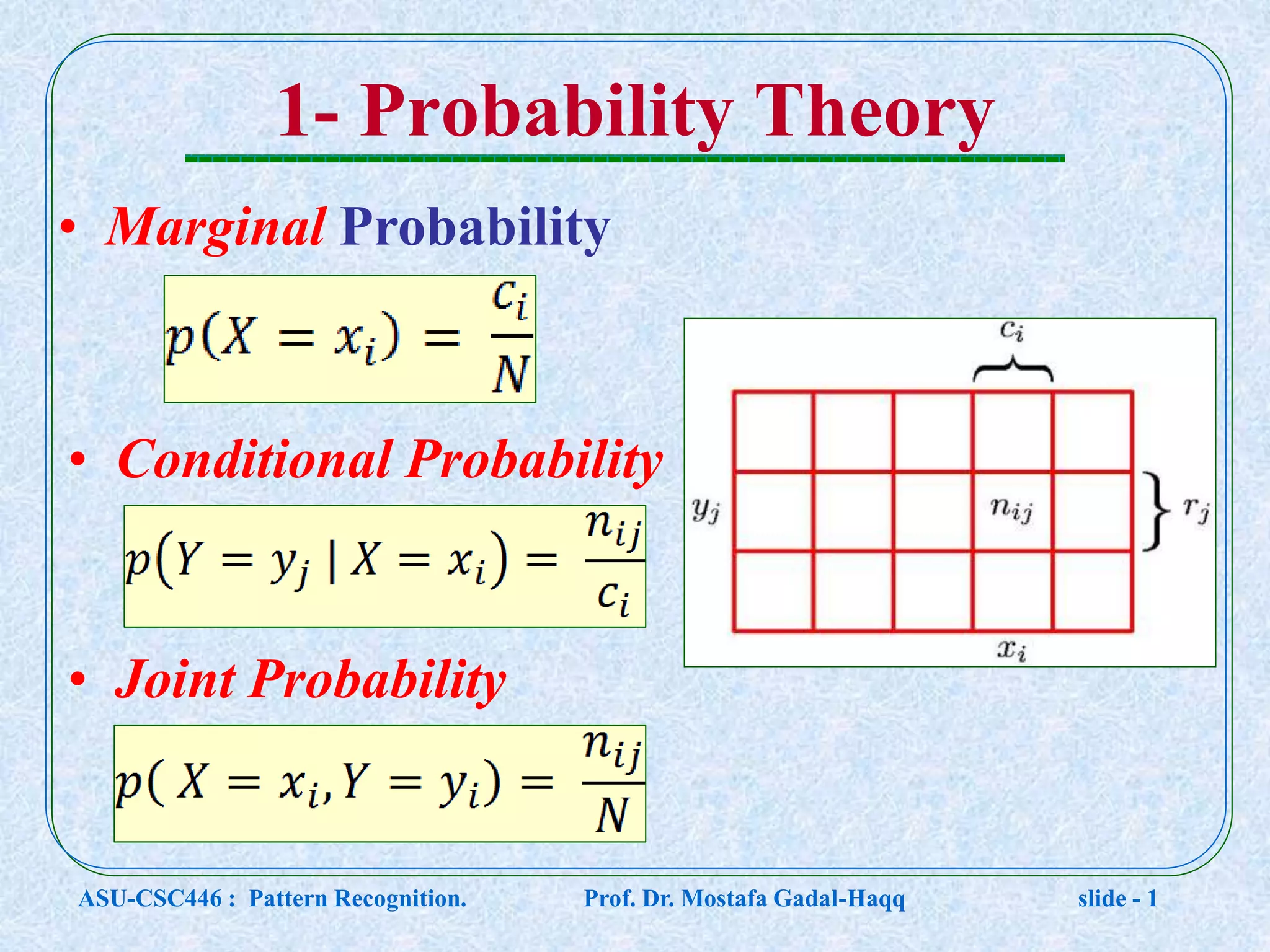 1- Probability Theory • Marginal Probability • Conditional Probability • Joint Probability ASU-CSC446 : Pattern Recognition. Prof. Dr. Mostafa Gadal-Haqq slide - 1 