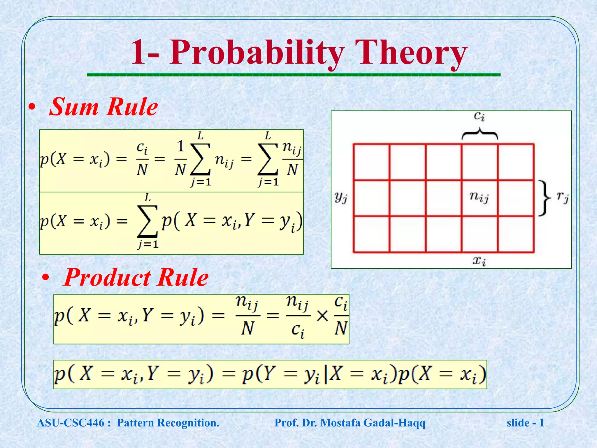 1- Probability Theory • Sum Rule • Product Rule ASU-CSC446 : Pattern Recognition. Prof. Dr. Mostafa Gadal-Haqq slide - 1 