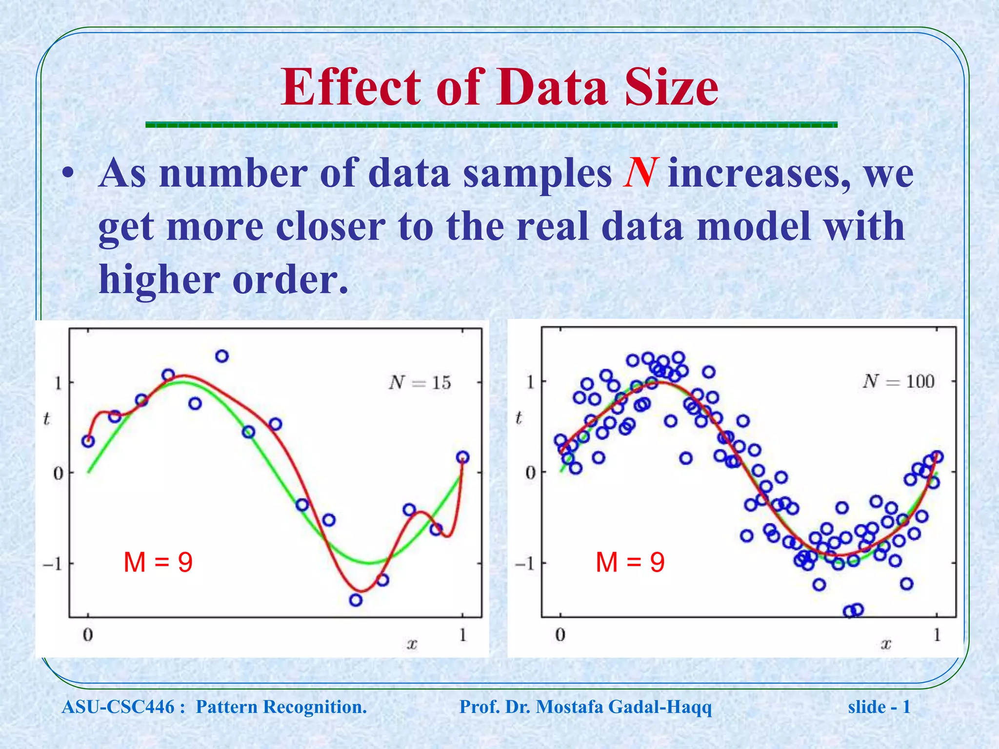 Effect of Data Size • As number of data samples N increases, we get more closer to the real data model with higher order. M = 9 M = 9 ASU-CSC446 : Pattern Recognition. Prof. Dr. Mostafa Gadal-Haqq slide - 1 