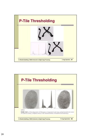 24
2. Image Operations - 47
Dr. Mostafa GadalHaqq. CS482:Introduction to Digital Image Processing
P-Tile Thresholding
P-Tile Thresholding
10. Image Segmentation - 48
Dr. Mostafa GadalHaqq. CS482:Introduction to Digital Image Processing
 