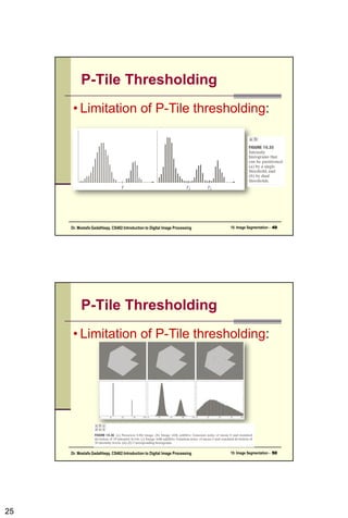 25
P-Tile Thresholding
10. Image Segmentation - 49
Dr. Mostafa GadalHaqq. CS482:Introduction to Digital Image Processing
• Limitation of P-Tile thresholding:
P-Tile Thresholding
10. Image Segmentation - 50
Dr. Mostafa GadalHaqq. CS482:Introduction to Digital Image Processing
• Limitation of P-Tile thresholding:
 