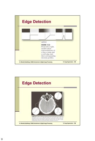 8
Edge Detection
10. Image Segmentation - 15
Dr. Mostafa GadalHaqq. CS482:Introduction to Digital Image Processing
Edge Detection
10. Image Segmentation - 16
Dr. Mostafa GadalHaqq. CS482:Introduction to Digital Image Processing
 