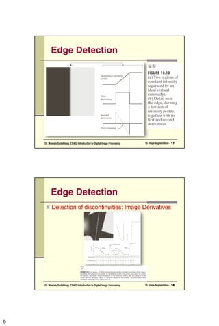 9
Edge Detection
10. Image Segmentation - 17
Dr. Mostafa GadalHaqq. CS482:Introduction to Digital Image Processing
Edge Detection
 Detection of discontinuities: Image Derivatives
10. Image Segmentation - 18
Dr. Mostafa GadalHaqq. CS482:Introduction to Digital Image Processing
 