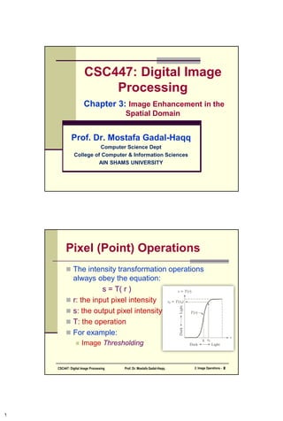 CSC447: Digital Image
Processing
Chapter 3: Image Enhancement in the
Spatial Domain
Prof. Dr. Mostafa Gadal-Haqq M. Mostafa
Computer Science Department
Faculty of Computer & Information Sciences
AIN SHAMS UNIVERSITY
 