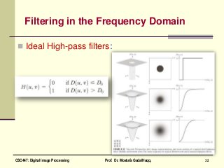 Filtering in the Frequency Domain
 Ideal High-pass filters:
32CSC447: Digital Image Processing Prof. Dr. Mostafa GadalHaqq.
 