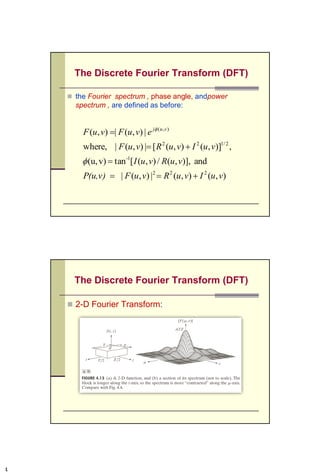 The Discrete Fourier Transform (DFT)
 F(u) is called the frequency component of the Fourier
Transform, and its domain (the values of u) is called the
frequency domain, because u determines the frequency
of the components of the transform:
 Since F(u) is complex quantity It is convenient to
express it in polar form
 |F(u)| is called the magnitude, and (u) is the phase
 The Power Spectrum P(u) = |F(u)|2
)](/)([tan(u)and,)]()([|)(|where,
|)(|)(
1-2/122
)(
uRuIuIuRuF
euFuF uj




4CSC447: Digital Image Processing Prof. Dr. Mostafa GadalHaqq.
 