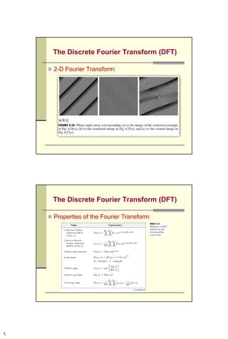 The Discrete Fourier Transform (DFT)
 2-D Fourier Transform:
 The Fourier transform, F(u,v), of a discrete
2-D function (MxN), f(x,y) is:
 Where u= 0,1,2, …,M-1, and v = 0,1,2, …, N-1
 2-D Inverse Fourier Transform:







1
0
1
0
)//(2
),(
1
),(
M
x
N
y
NvyMuxj
eyxf
MN
vuF 
 






1
0
1
0
)//(2
),(),(
M
u
N
v
NvyMuxj
evuFyxf 
6CSC447: Digital Image Processing Prof. Dr. Mostafa GadalHaqq.
 