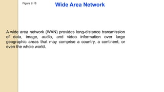 Figure 2-18
Wide Area Network
A wide area network (WAN) provides long-distance transmission
of data, image, audio, and video information over large
geographic areas that may comprise a country, a continent, or
even the whole world.
 