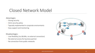 Closed Network Model
Advantages:
◦ Strong security
◦ Strict security policy
◦ Typically implemented in corporate environments
◦ Easy support and monitoring
Disadvantages:
◦ Low flexibility (no WLANs, no external connection)
◦ No external access for business partner
◦ No connection from public networks
9/16/2017 KABUL EDUCATION UNIVERSITY 13
 