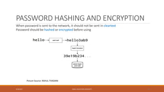 PASSWORD HASHING AND ENCRYPTION
When password is sent to the network, it should not be sent in cleartext
Password should be hashed or encrypted before using
9/16/2017 KABUL EDUCATION UNIVERSITY 19
Picture Source: RAHUL THADANI
 