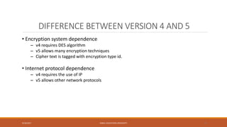 DIFFERENCE BETWEEN VERSION 4 AND 5
9/16/2017 KABUL EDUCATION UNIVERSITY 47
• Encryption system dependence
– v4 requires DES algorithm
– v5 allows many encryption techniques
– Cipher text is tagged with encryption type id.
• Internet protocol dependence
– v4 requires the use of IP
– v5 allows other network protocols
 