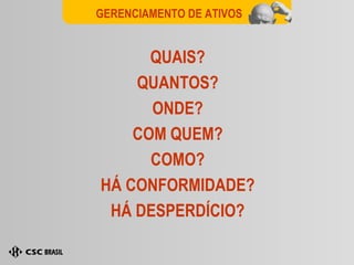 QUAIS? QUANTOS? ONDE? COM QUEM? COMO? HÁ CONFORMIDADE? HÁ DESPERDÍCIO? GERENCIAMENTO DE ATIVOS 