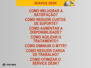 SERVICE DESK COMO MELHORAR A SATISFAÇÃO? COMO REDUZIR CUSTOS  DE SUPORTE? COMO AUMENTAR A DISPONIBILIDADE? COMO AGILIZAR O TRATAMENTO? COMO DIMINUIR O MTTR? COMO REDUZIR CARGA  DE TRABALHO? COMO OTIMIZAR O  SERVICE DESK? 