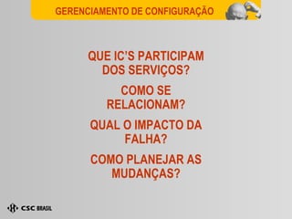 QUE IC’S PARTICIPAM DOS SERVIÇOS? COMO SE RELACIONAM? QUAL O IMPACTO DA FALHA? COMO PLANEJAR AS MUDANÇAS? GERENCIAMENTO DE CONFIGURAÇÃO 
