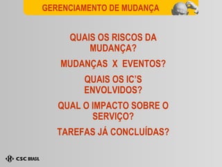 QUAIS OS RISCOS DA MUDANÇA? MUDANÇAS  X  EVENTOS? QUAIS OS IC’S ENVOLVIDOS? QUAL O IMPACTO SOBRE O SERVIÇO? TAREFAS JÁ CONCLUÍDAS?  GERENCIAMENTO DE MUDANÇA 