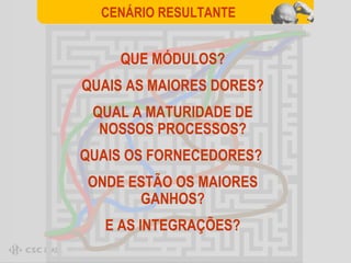QUE MÓDULOS? QUAIS AS MAIORES DORES? QUAL A MATURIDADE DE NOSSOS PROCESSOS? QUAIS OS FORNECEDORES?  ONDE ESTÃO OS MAIORES GANHOS? E AS INTEGRAÇÕES? CENÁRIO RESULTANTE 