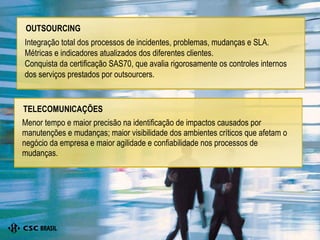 Integração total dos processos de incidentes, problemas, mudanças e SLA.  Métricas e indicadores atualizados dos diferentes clientes. Conquista da certificação SAS70, que avalia rigorosamente os controles internos dos serviços prestados por outsourcers. OUTSOURCING Menor tempo e maior precisão na identificação de impactos causados por manutenções e mudanças; maior visibilidade dos ambientes críticos que afetam o negócio da empresa e maior agilidade e confiabilidade nos processos de mudanças. TELECOMUNICAÇÕES 