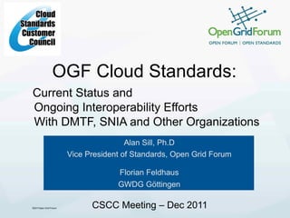 OGF Cloud Standards:
Current Status and
Ongoing Interoperability Efforts
With DMTF, SNIA and Other Organizations
                                       Alan Sill, Ph.D
                       Vice President of Standards, Open Grid Forum

                                    Florian Feldhaus
                                    GWDG Göttingen

©2011Open Grid Forum         CSCC Meeting – Dec 2011
 