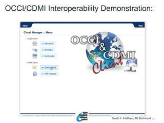 OCCI/CDMI Interoperability Demonstration:




                             Credit:	
  F.	
  Feldhaus,	
  TU	
  Dortmund	
   15	
  
 