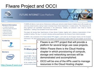 FIware Project and OCCI




                             •  FIware is an FP7 project that will provide a
                                platform for several large use case projects.
                             •  Within FIware there is the Cloud Hosting
                                chapter in which provisioning of compute,
                                storage and networking services will be
                                demonstrated and accomplished.
                             •  OCCI will be one of the APIs used to manage
h`p://www.ﬁ-­‐ware.eu/	
        resources in the Cloud Hosting chapter.
	
                                                                         25	
  
 
