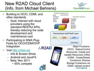 New R2AD Cloud Client
 (Info. from Michael Behrens)
                                    Example Interfaces to
•  Building to OCCI, CDMI, and     Data      Standardize
   other standards                 Transport
                                   Compute
                                                               Desirable Features
                                                            Pluggable
                                   Policy
    -  Goal: Interact with cloud   Billing
                                                            Scalable
                                                            Secure
       providers using the                                  Simple
                                                            Dynamic
       standard RESTful APIs,                               Metadata
                                                            RESTful
       thereby reducing the code
       development and             Standardized IaaS/PaaS Layer
       maintenance cost            OCCI        CDMI           OVF
•  Participating in SNIA Plug-
   Fests for OCCI/CDMI/OVF                                  Other Specs


   Integration                                             Major Functions:
                                                     • OCCI: Status/Control
•  Visit http://r2ad.net
                                                    Resources, Create and
    -  Info & Screen Shots                         Update Resources (VMs)
    -  Android and JavaFX               up           • CDMI: Create/Delete
                                       mock

    -  Beta: Nov 2011                                   Containers, Browse
         •  65% compete                              Storage Containers via
                                                      CDMI, Upload content
      © 2011 Open Grid Forum
                                                                                    7
 