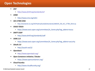 Open Technologies
 OVF
• http://www.dmtf.org/standards/ovf
 CDMI
• http://www.snia.org/cdmi
 ISO 17789 CCRA
• http://standards.iso.org/ittf/PubliclyAvailableStandards/c060545_ISO_IEC_17789_2014.zip
 OASIS TOSCA
• https://www.oasis-open.org/committees/tc_home.php?wg_abbrev=tosca
 DMTF CADF
• http://www.dmtf.org/standards/cadf
 SAML 2.0
• https://www.oasis-open.org/committees/tc_home.php?wg_abbrev=security
 OAuth 2.0
• http://oauth.net/2/
 OpenStack
 http://www.openstack.org/
 Open Containers Initiative / Docker
• https://www.opencontainers.org/
 Cloud Foundry
• http://www.cloudfoundry.org/
© 2016 Cloud Standards Customer Council 17
 
