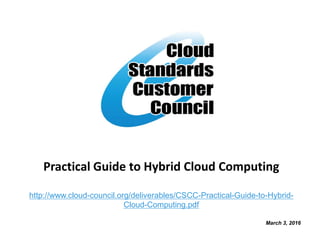 Practical Guide to Hybrid Cloud Computing
http://www.cloud-council.org/deliverables/CSCC-Practical-Guide-to-Hybrid-
Cloud-Computing.pdf
March 3, 2016
 