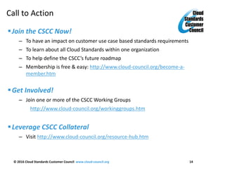 © 2016 Cloud Standards Customer Council www.cloud-council.org 14
Join the CSCC Now!
– To have an impact on customer use case based standards requirements
– To learn about all Cloud Standards within one organization
– To help define the CSCC’s future roadmap
– Membership is free & easy: http://www.cloud-council.org/become-a-
member.htm
Get Involved!
– Join one or more of the CSCC Working Groups
http://www.cloud-council.org/workinggroups.htm
Leverage CSCC Collateral
– Visit http://www.cloud-council.org/resource-hub.htm
Call to Action
 