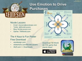 www.xeodesign.com
© 2013 XEODesign, Inc.
Use Emotion to Drive
Purchases
Nicole Lazzaro
• Email: nlazzaro@xeodesign.com
• T...